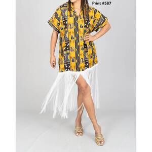 NEW KARA CHIC vivid tribe fringe trim top in yellow/brown